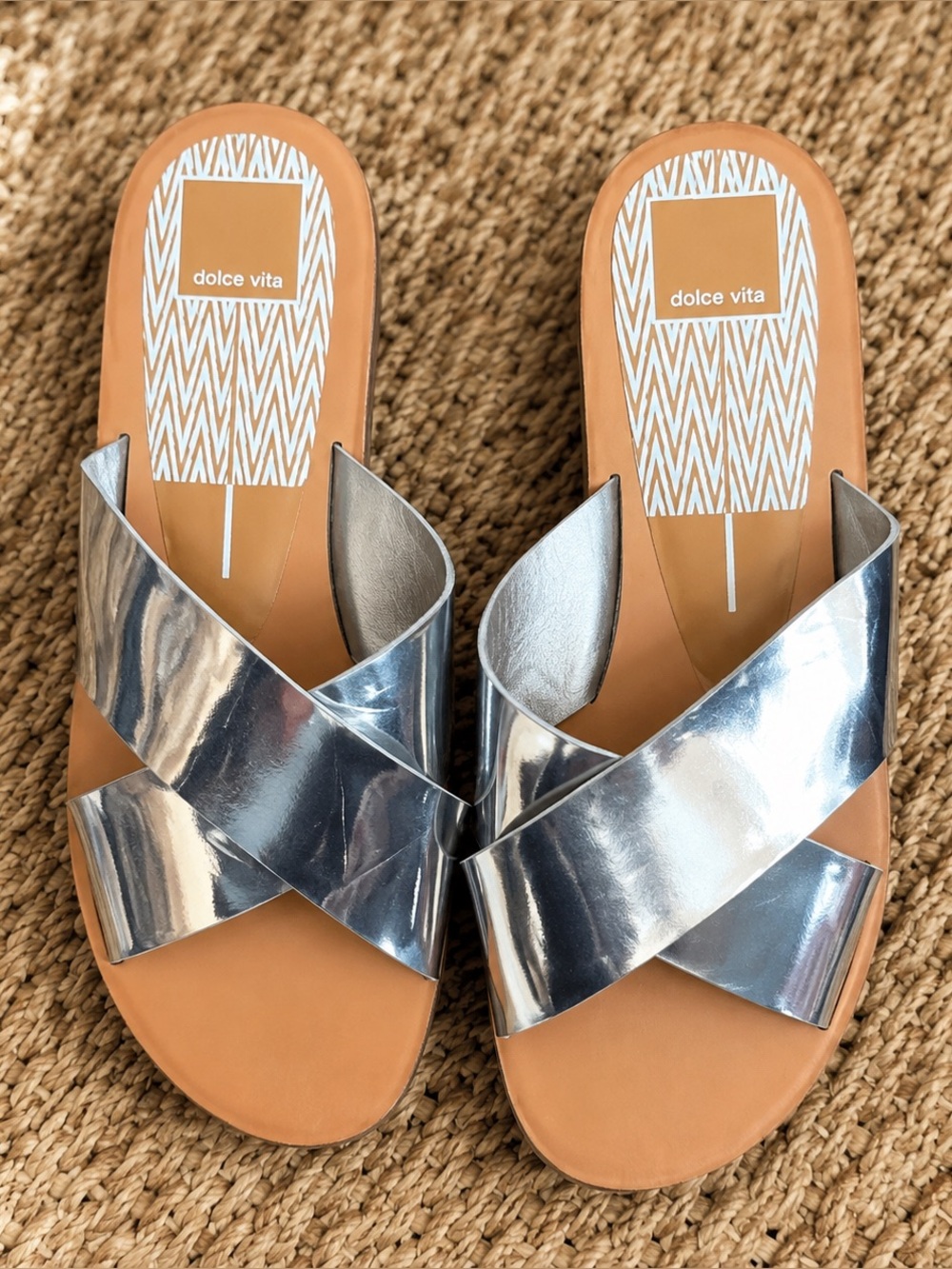 Dolce Vita Silver Metallic Cross Strap Platform Slide Sandals ~10” Footbed